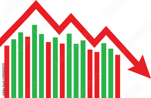 Market Decline: A visual representation of market downturn, with a red downward arrow above a set of green and red bars signifying a financial decline or economic recession. 