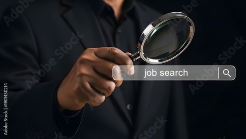 Businessman holding magnifying glass over job search inquiry on screen