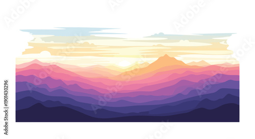 Stylized layered mountain landscape illustration during a vibrant sunrise or sunset glows brightly