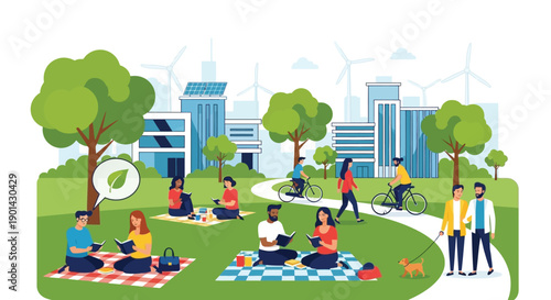 Diverse community enjoys peaceful leisure activities in a green urban park environment focused on sustainability