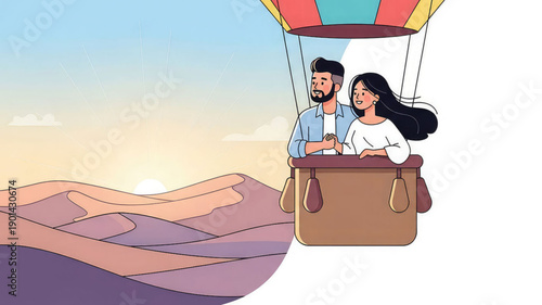 Couple on romantic hot air balloon ride over desert landscape at sunset