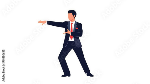 Businessman in suit pointing sideways with red tie on white background