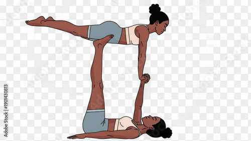 Two women performing acrobatic yoga poses in a studio with a transparent background