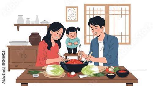 Family cooking together in kitchen with child