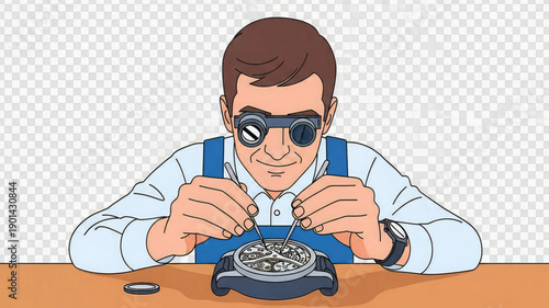 Man repairing watch with magnifying glasses on focused and skilled