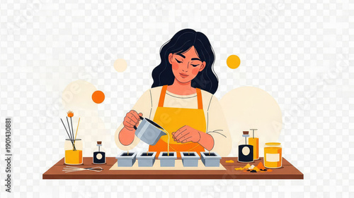 Woman pouring liquid into small containers on a wooden table with various items