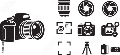 Professional Photography Gear Icon Set - DSLR Camera, Tripod, and Film Symbols