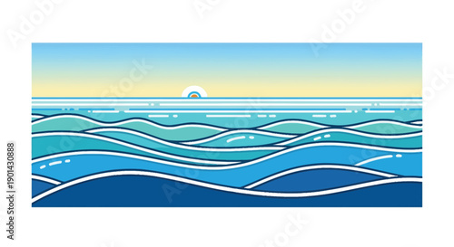 Stylized ocean waves artwork depicts a minimalist sunrise or sunset over the horizon line