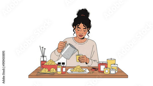 Woman prepares breakfast with eggs and toast on a wooden table indoors