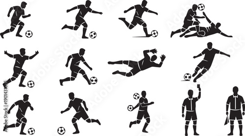 Professional Soccer Player Action Silhouette Set - Football Match and Athlete Icons
