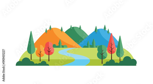 Vivid flat design landscape illustration featuring colorful hills trees and a winding river path