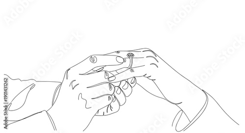 Hands exchanging rings in a simple line art illustration  