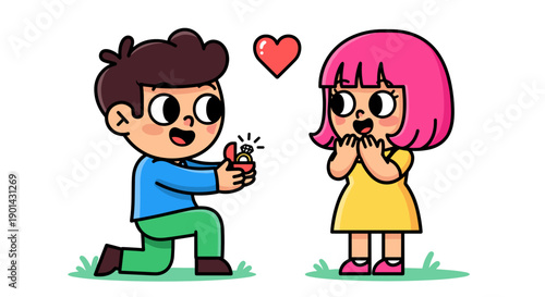 Boy proposing to girl with ring in park