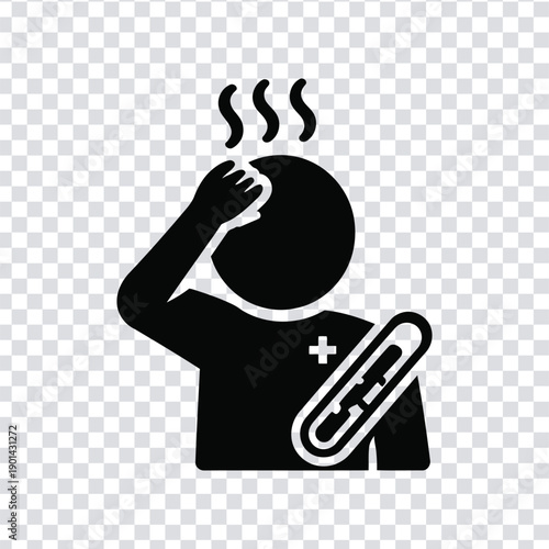 Person with fever and headache holding thermometer