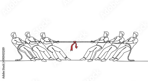 Teams competing in a tug of war with a red ribbon in center  