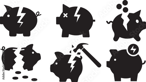 Broken Piggy Banks: This image illustrates several piggy banks, each in varying states of disrepair. The graphic conveys concepts of financial trouble, economic setbacks, or the end of saving.