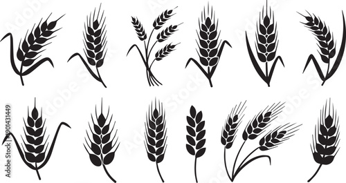Wheat Ear and Cereal Plant Silhouette Set - Organic Grain Agriculture Logo Symbols