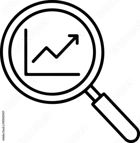 Market analysis icon featuring a magnifying glass with a chart in a minimal outline style, representing research, insights, and business evaluation.