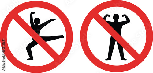 Prohibition signs with black silhouettes of dancing and flexing person inside red crossed circles isolated on white background for gym or public area rules
