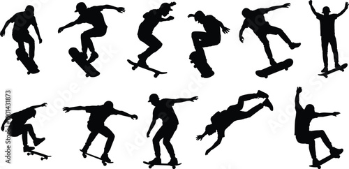 Set of black skateboarder silhouettes performing various tricks and jumps isolated on white background for extreme sports, youth culture, and urban lifestyle design
