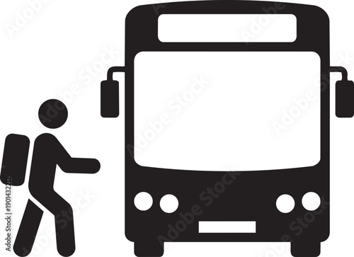 On the Bus: A simple illustration of a person walking towards a bus, designed with a focus on ease of recognition and clear communication.