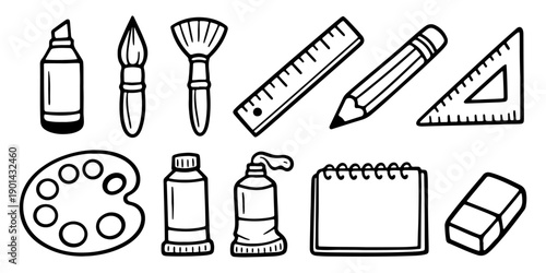 Hand-drawn doodle set of art and school supplies icons. Black and white line art featuring brushes, palette, pencil, ruler, and more.