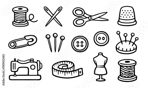 Hand-drawn set of sewing and tailoring icons featuring a sewing machine, scissors, thread, needles, and more. Minimalist black outline doodle style.