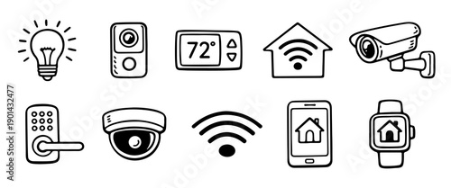 Hand-drawn doodle icons for smart home automation, including security cameras, smart locks, thermostats, and lighting controls.