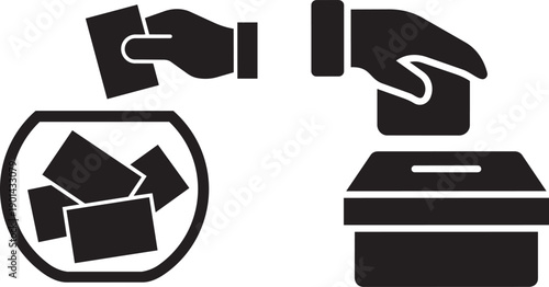 Voting Process: Illustrated graphic captures the act of submitting one's choice in an election. A hand inserts a ballot into a voting box, symbolizing participation and the democratic process.