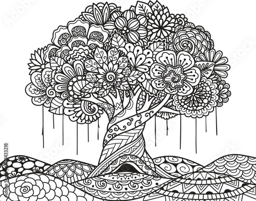 Beautiful abstract tree for design element and adult coloring book pages. Vector illustration	