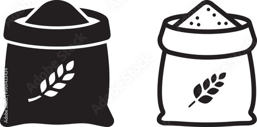 Grain sacks icons: Symbolic illustration of full grain sacks, one in silhouette and the other filled, with a wheat emblem to symbolize agricultural bounty. 