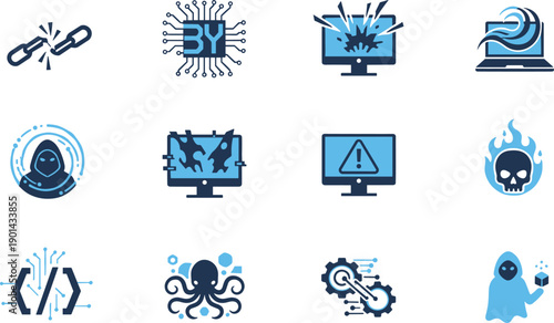 Cybersecurity icons, hacking symbols, digital threat graphics, malware visuals, system breach, warning alerts, coding, botnet, ransomware, virus