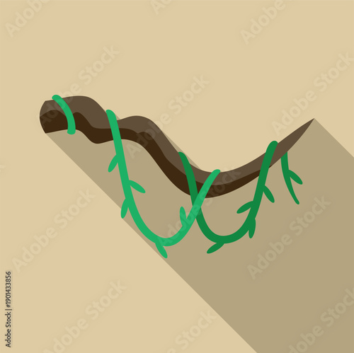 Green liana plant hanging on a brown tree branch with long shadow in flat design style