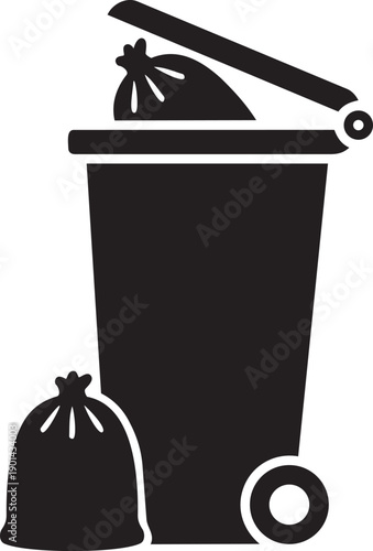 Waste Disposal Illustration: A simple yet effective monochrome illustration depicts a trash can with overflowing bags, symbolizing the waste disposal process and environmental awareness.