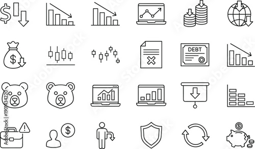 Finance icons, economic symbols, market trend graphics, bear market visuals, debt crisis, savings, investment, global economy, business analytics, money
