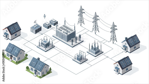 Isometric smart city illustration featuring houses linked to solar panels and a centralized power grid, clean energy and sustainable urban infrastructur.