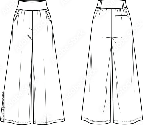 Men straight fit denim jeans technical fashion flat sketch template front and back view cad drawing flat vector illustration mockup