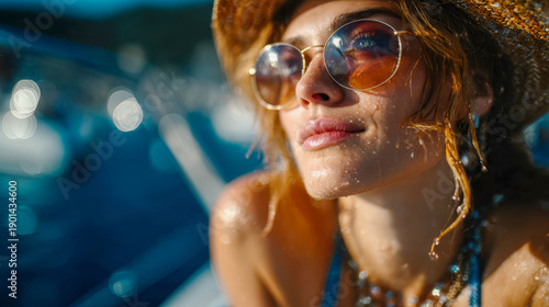 Summer boat portrait of a woman in straw hat and sunglasses with water droplets and warm sunlight, vacation lifestyle mood