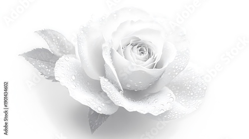 Close-up of a delicate white rose with water droplets on petals.