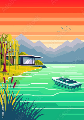 Modern lakeside villa with a boat on the water vector illustration under a colorful mountain sunset
