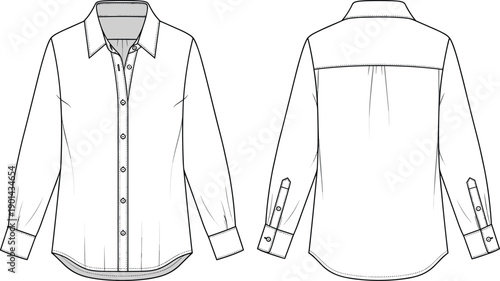 Women long sleeve button down shirt with pointed collar and button cuffs technical fashion flat sketch template cad drawing flat vector illustration