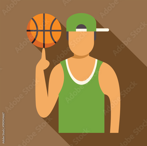 Flat design illustration of a basketball player spinning a ball on his finger