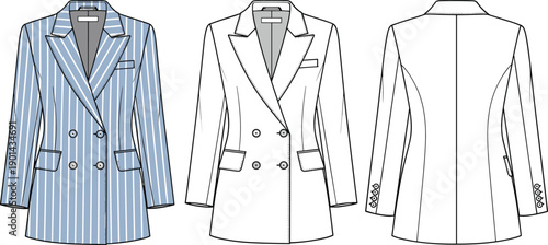 Women double breasted pinstripe and solid blazer jacket technical fashion flat sketch template front back view cad drawing flat vector illustration