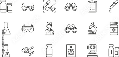 Medical icons, healthcare symbols, laboratory graphics, vision testing tools, scientific visuals, diagnostics, medication, eye care, nurse, research