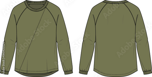 Men olive green raglan sleeve sweatshirt technical fashion flat sketch template front and back view cad drawing flat vector illustration