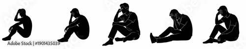 Minimalist Silhouette Sad Person Sitting on the Ground with Various Poses Icon