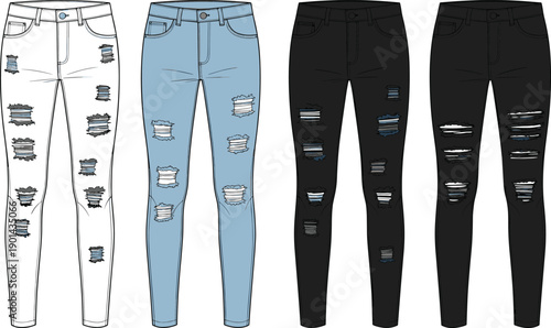 Women distressed skinny denim jeans set with ripped details technical fashion flat sketch template front view cad drawing flat vector illustration