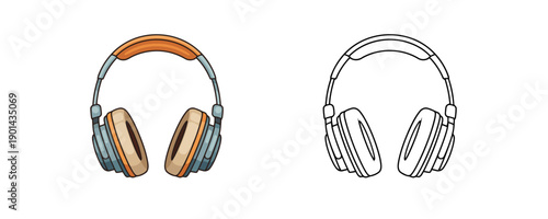Vintage professional studio headphones in hand-drawn cartoon style featuring blue frames with orange accents and beige ear cushions used for music production and listening