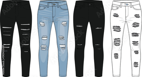 Women distressed skinny denim jeans set with ripped details technical fashion flat sketch template front view cad drawing flat vector illustration
