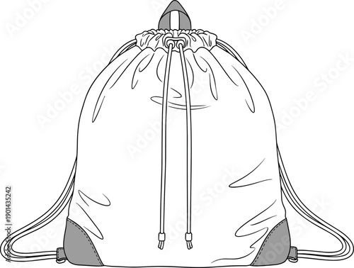 Drawstring backpack gym sack sports bag technical fashion flat sketch template front view cad drawing flat vector illustration accessory mockup